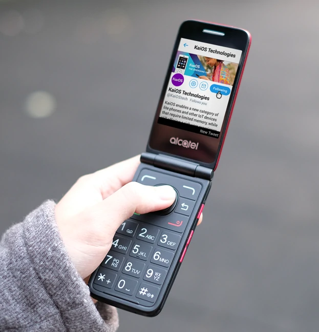 A connected flip phone showing KaiOS Technologies