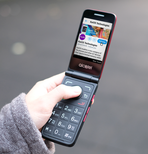 A connected flip phone showing KaiOS Technologies